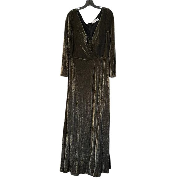 Mac Duggal Size 16 NEW Black Gold Long Sleeve Faux Wrap A Line Gown 49088 NWT - Picture 5 of 11